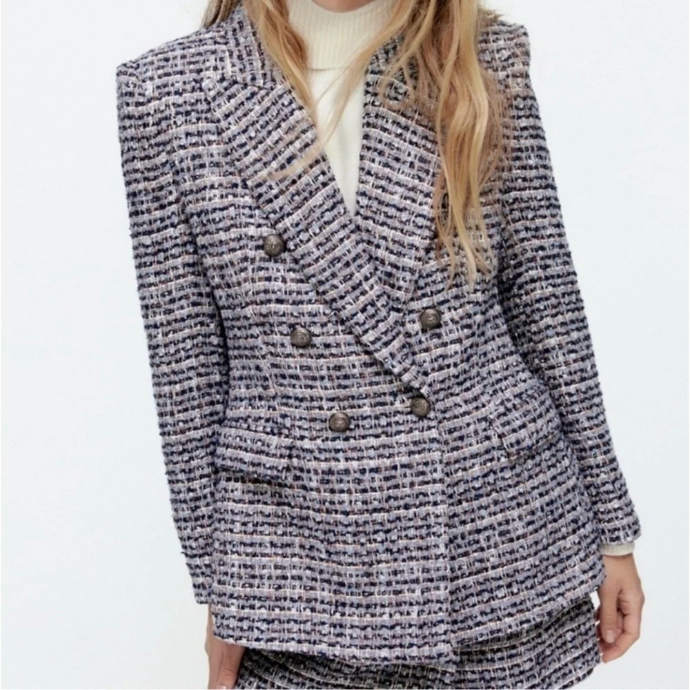 Zara Womens Textured Multicolor Tweed Double Breasted Blazer Size L Career - Picture 2 of 16